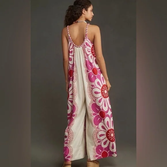 Farm Rio Maia Rope Trim Linen Blend Jumpsuit size Large - Picture 2 of 4